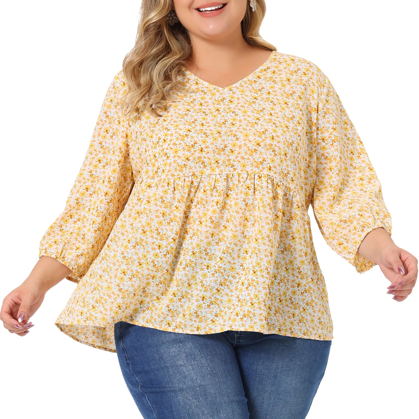 Women's Plus Size Top V Neck Babydoll Flowy 3/4 Lantern Sleeve Floral Blouse