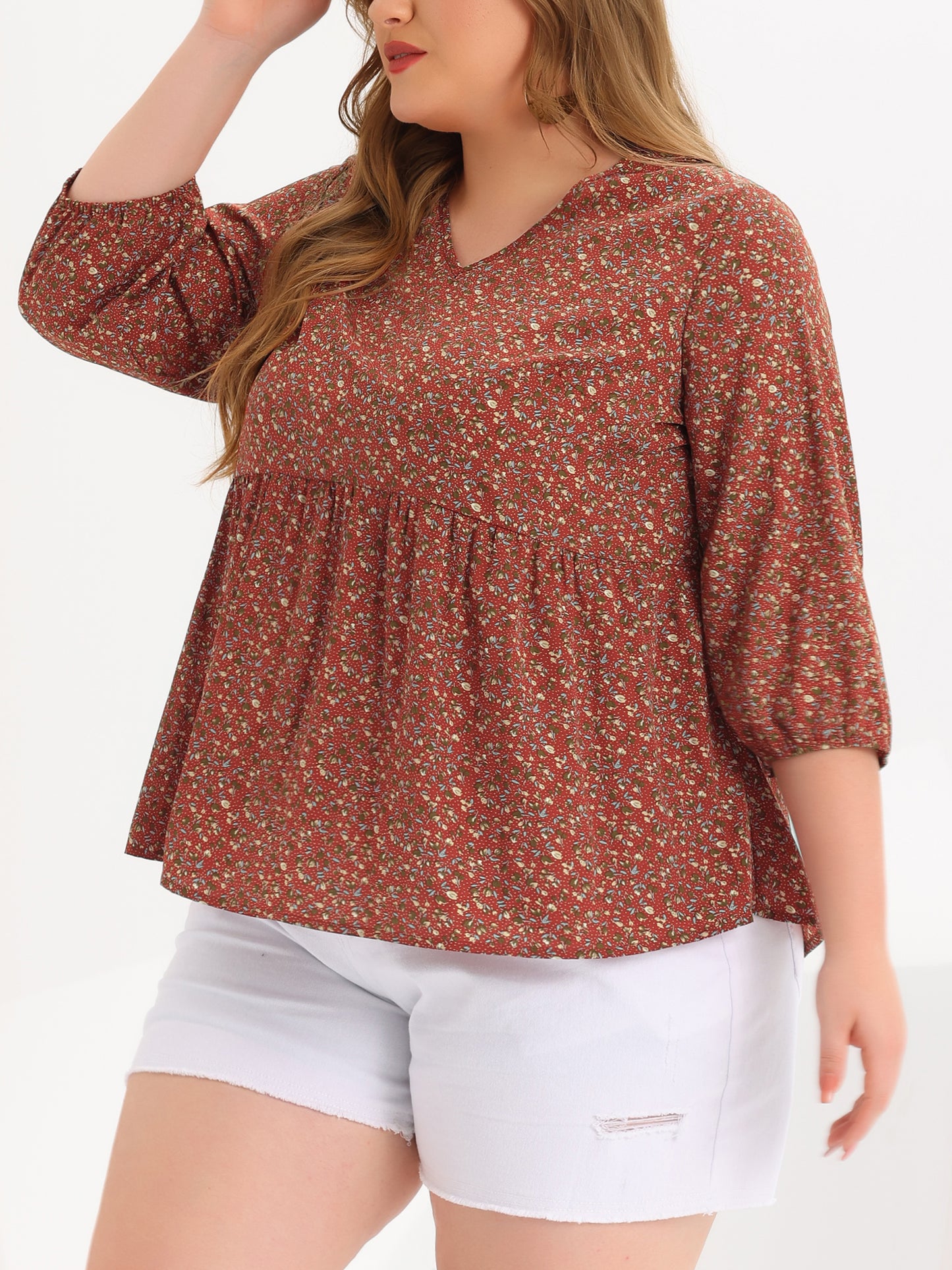 Women's Plus Size Top V Neck Babydoll Flowy 3/4 Lantern Sleeve Floral Blouse