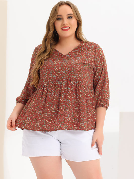 Women's Plus Size Top V Neck Babydoll Flowy 3/4 Lantern Sleeve Floral Blouse