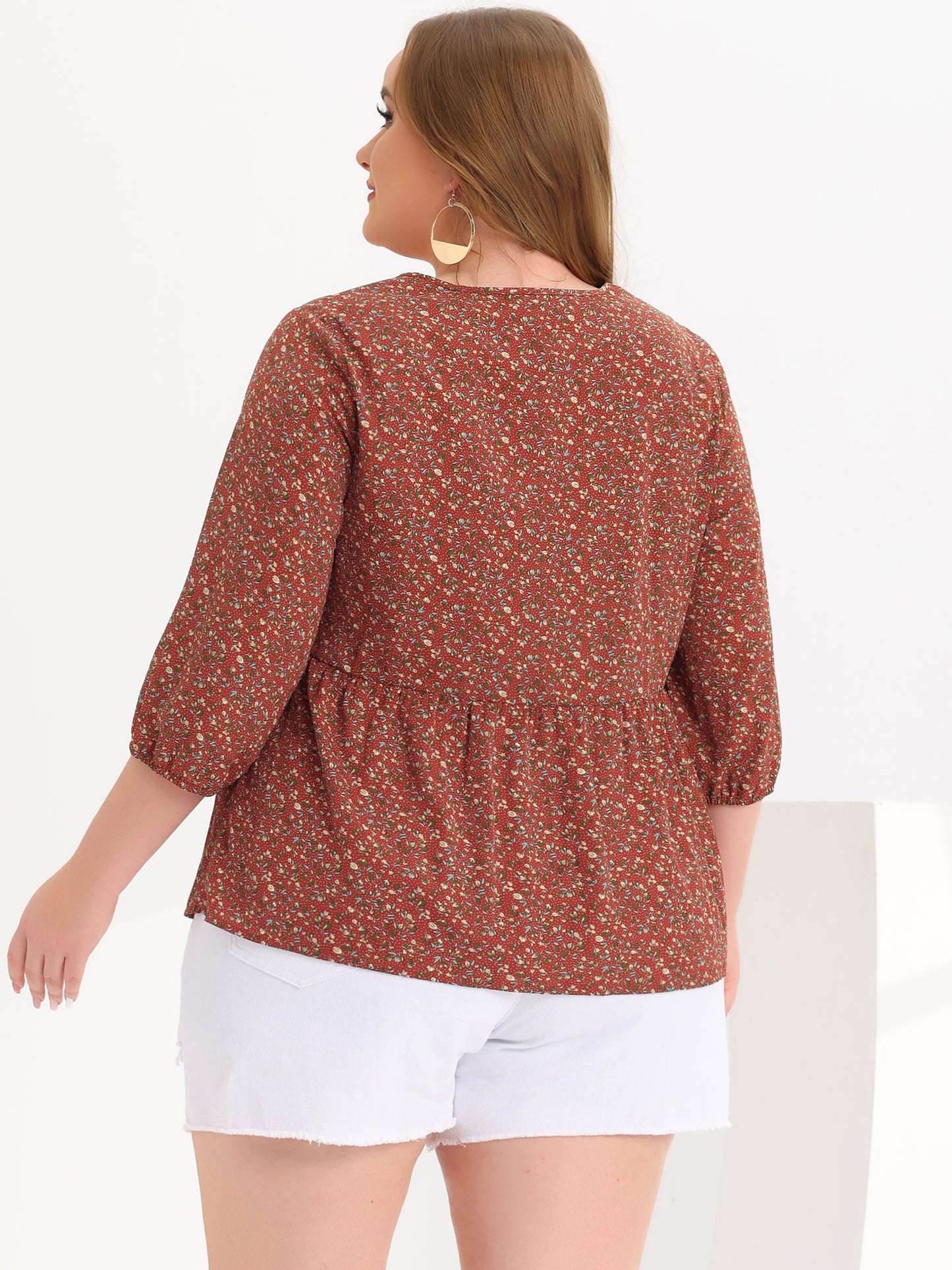 Women's Plus Size Top V Neck Babydoll Flowy 3/4 Lantern Sleeve Floral Blouse