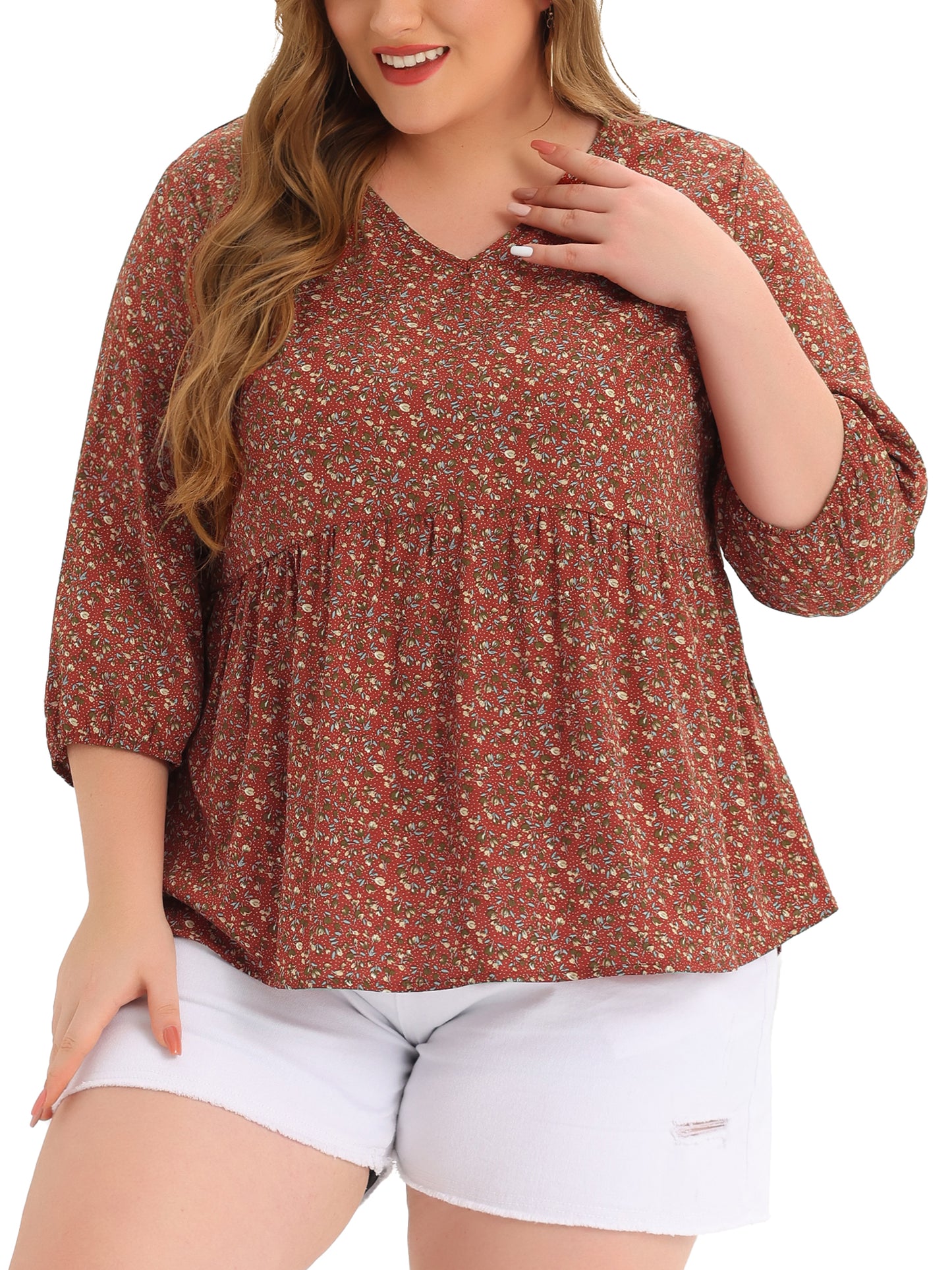 Women's Plus Size Top V Neck Babydoll Flowy 3/4 Lantern Sleeve Floral Blouse