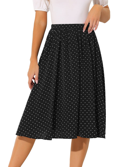 Women's Flowy A-Line Polka Dots Print Elastic Waist Flare Swing Midi Skirt