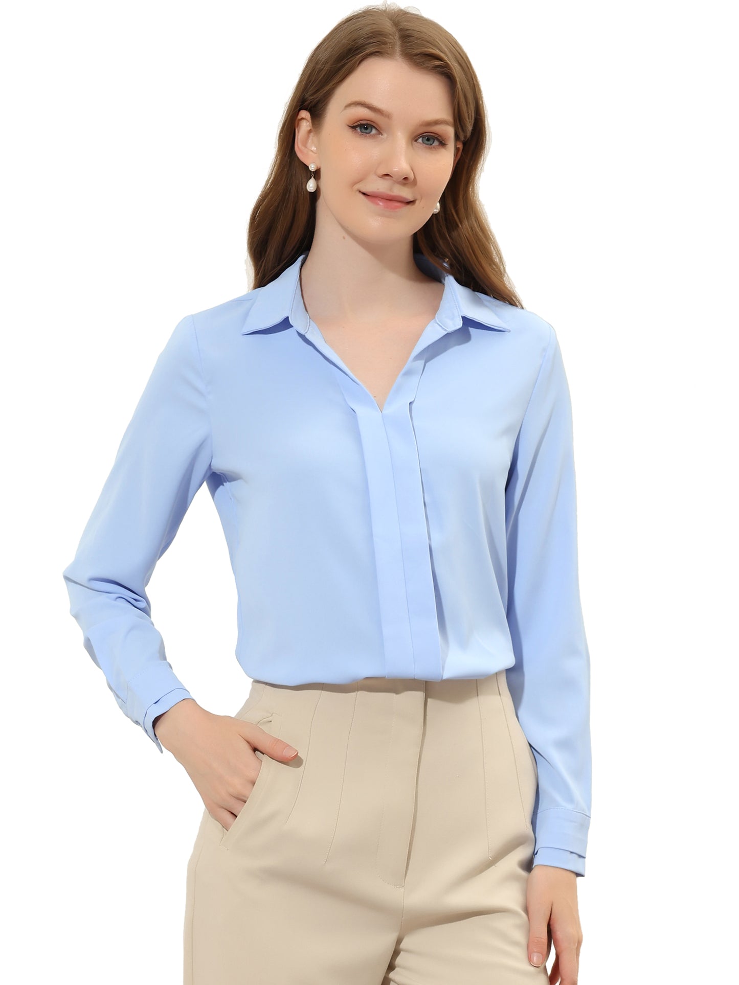 Women's Elegant V Neck Satin Long Sleeve Dressy Business Shirt Work Top (Available in Plus Size)