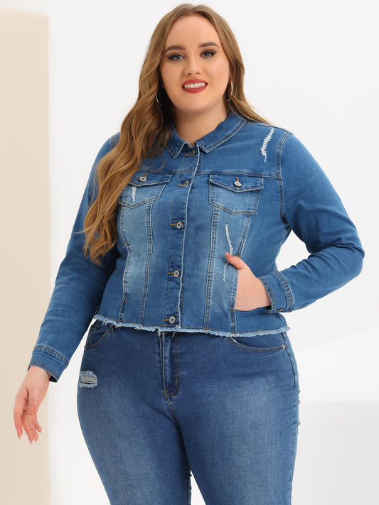 Women's Plus Size Classic Washed Front Frayed Denim Jacket