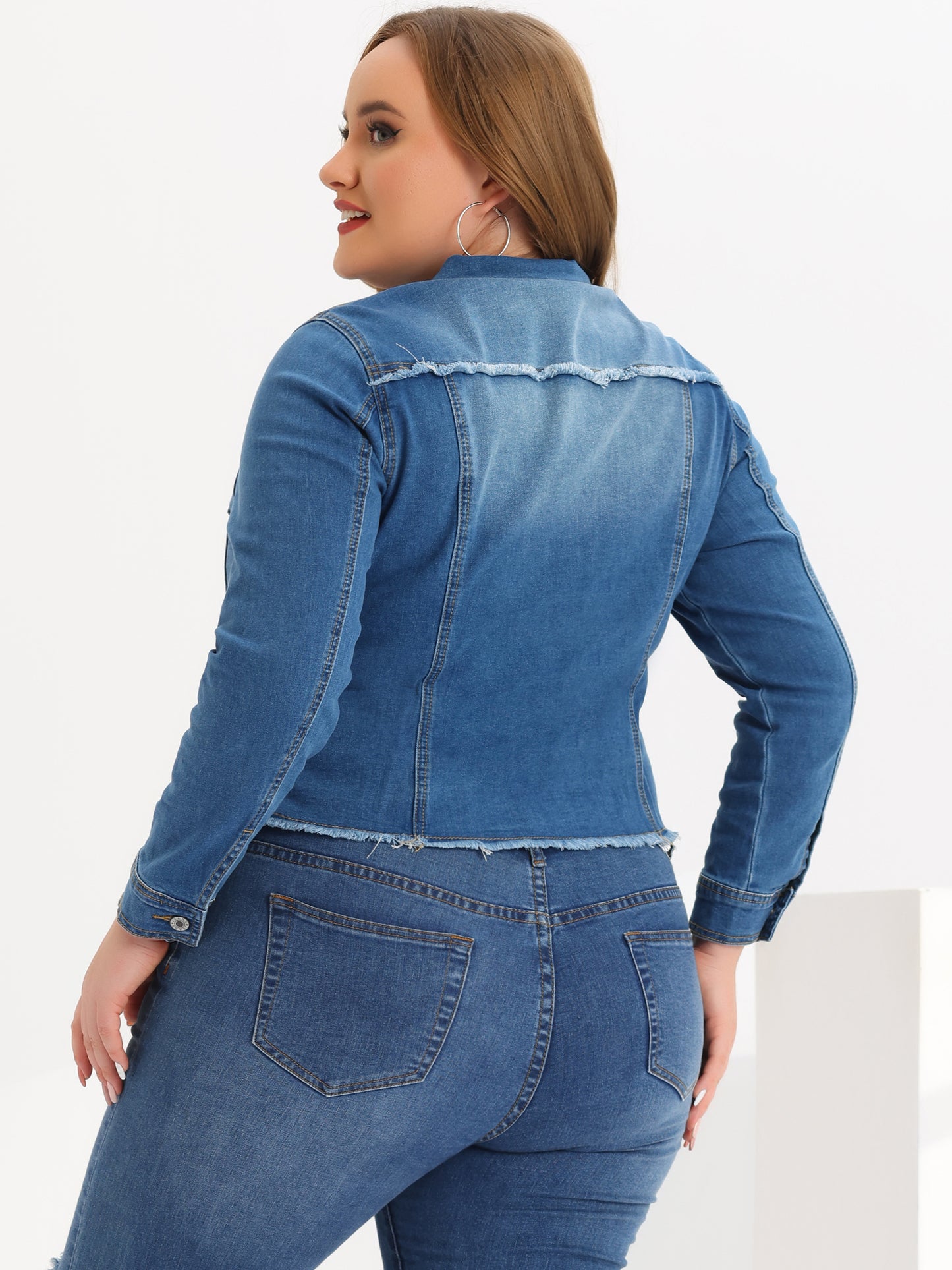 Agnes Orinda Plus Size Classic Washed Front Frayed Denim Jacket Blue Ripped