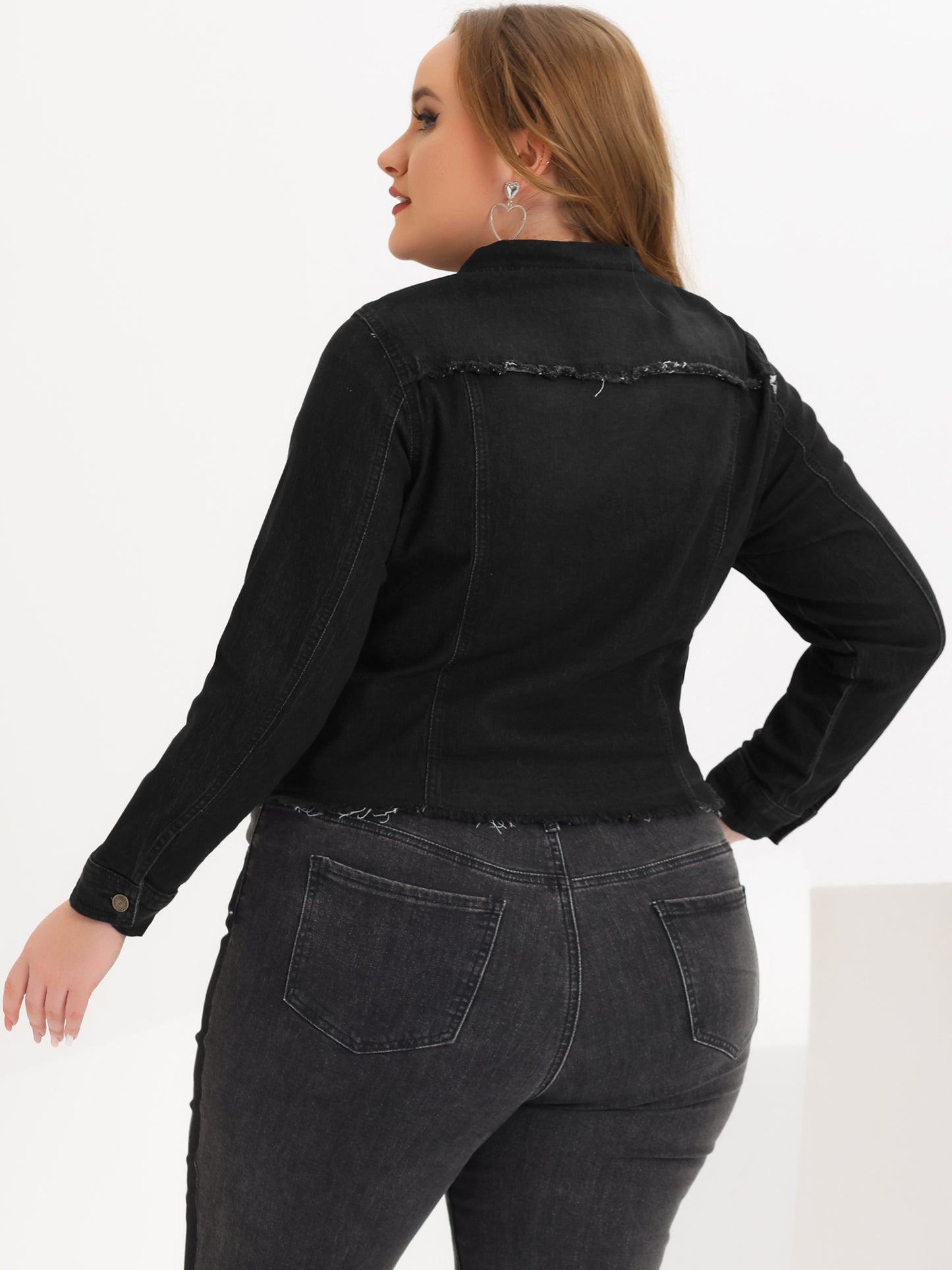 Agnes Orinda Plus Size Classic Washed Front Frayed Denim Jacket Black Ripped