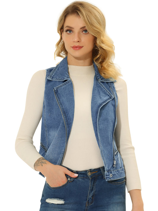 Women's Sleeveless Moto Jacket Zip Up Classic Jeans Denim Vest