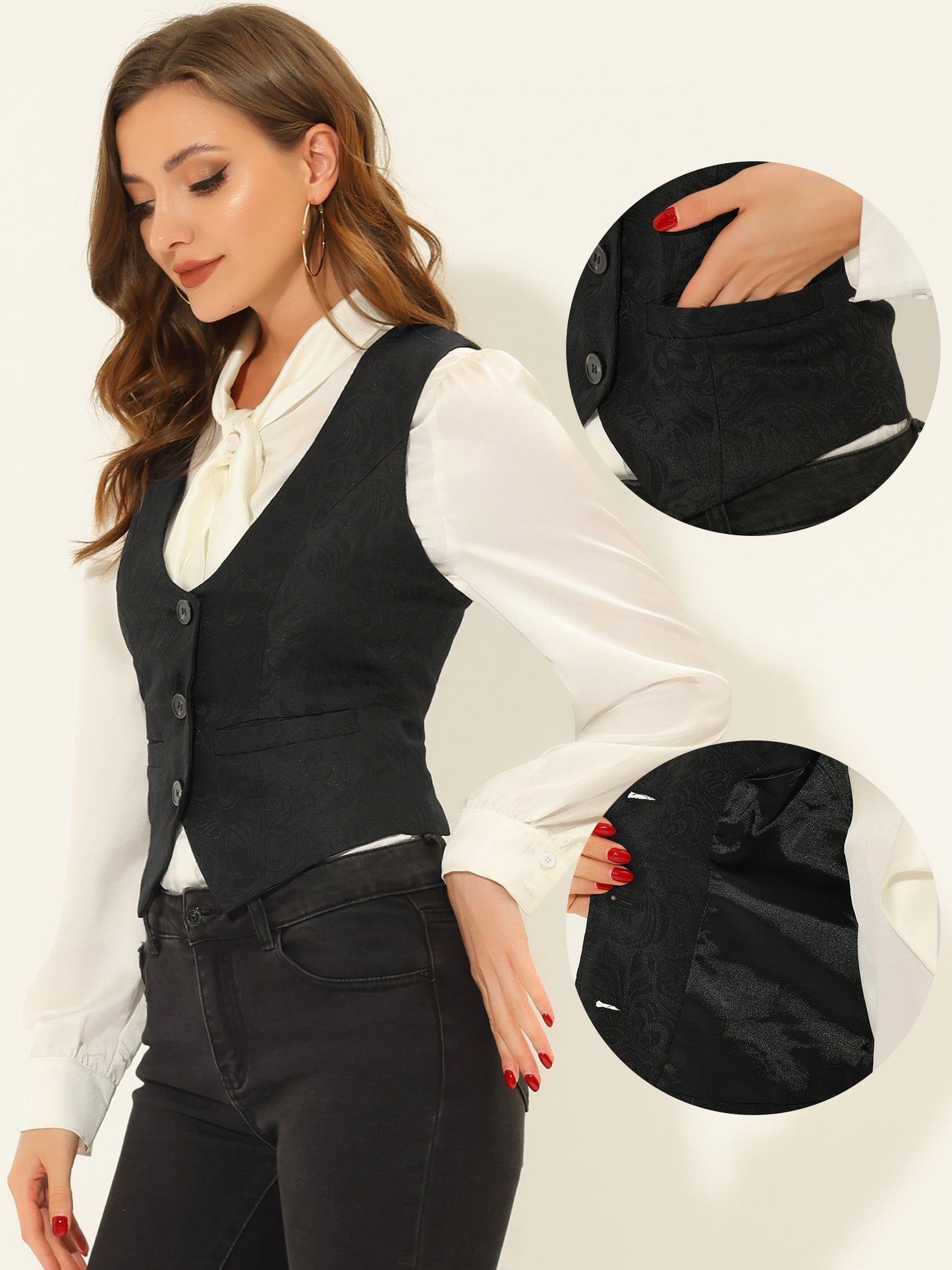 Women's Vintage Button Up Jacquard Steampunk Suit Waistcoat Vest with Pockets (Available in Plus Size)