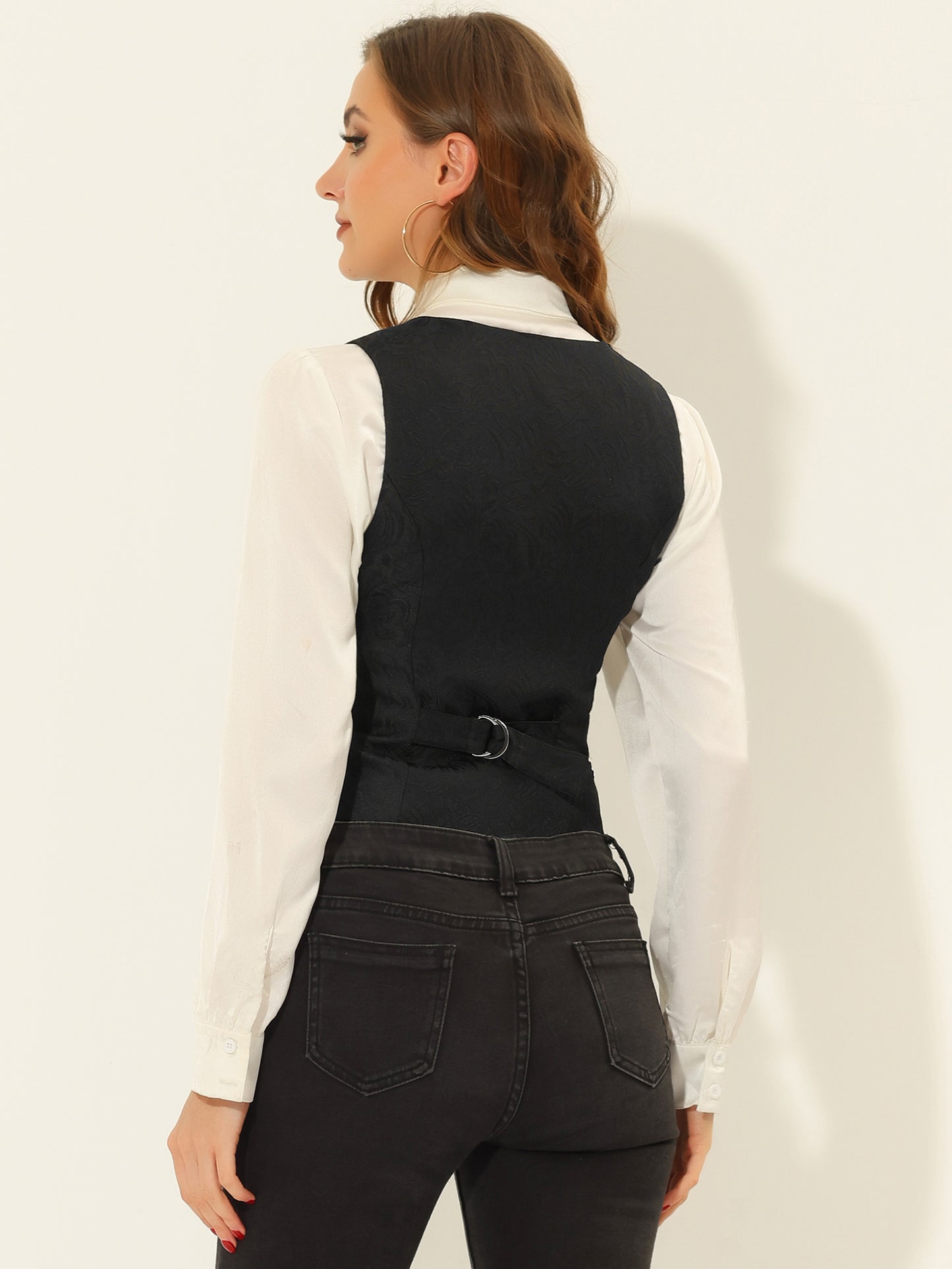 Women's Vintage Button Up Jacquard Steampunk Suit Waistcoat Vest with Pockets (Available in Plus Size)