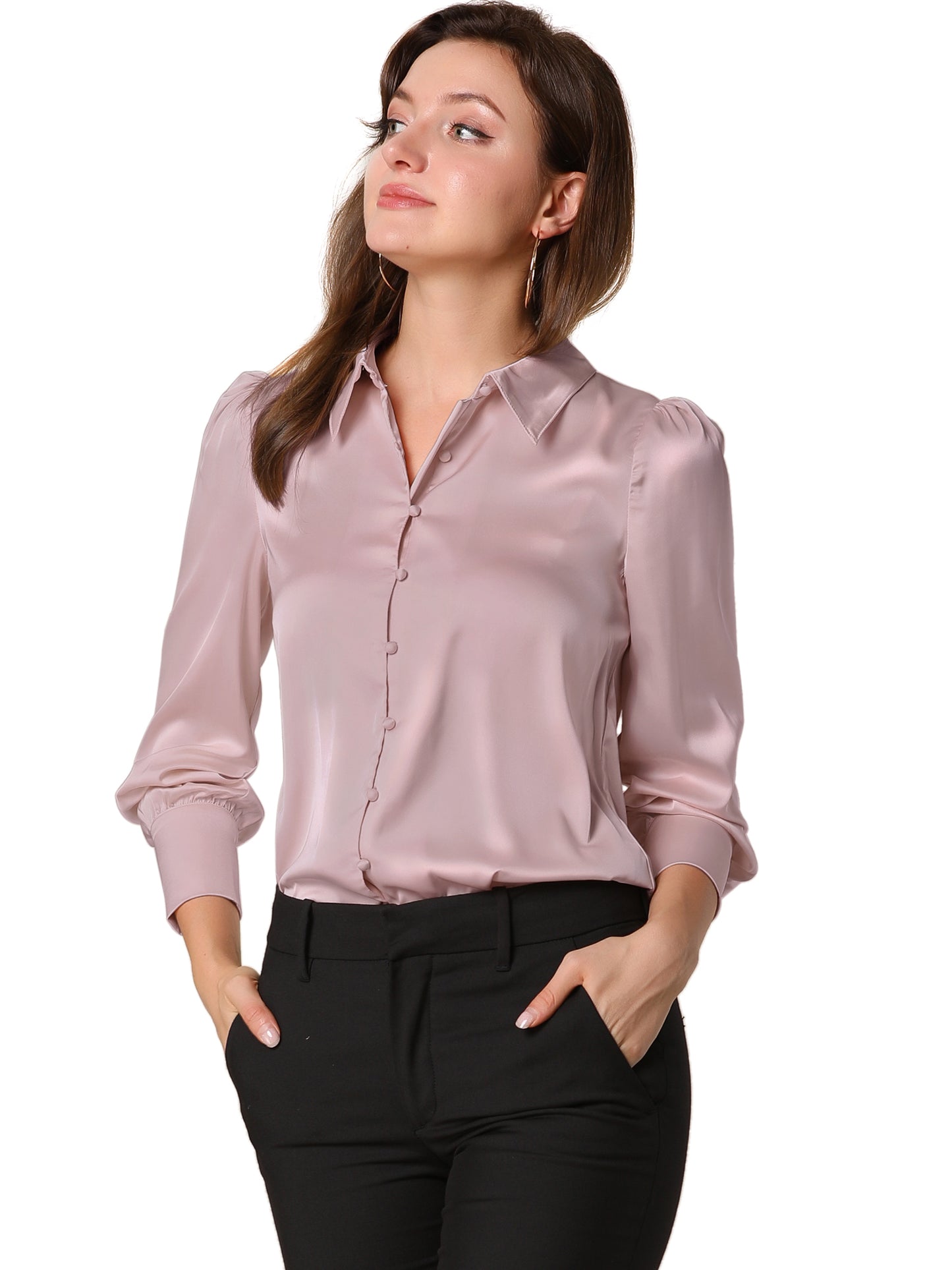 Women's Satin Puff Sleeve Collared Work Office Dressy Button Up Shirt, Light Colors