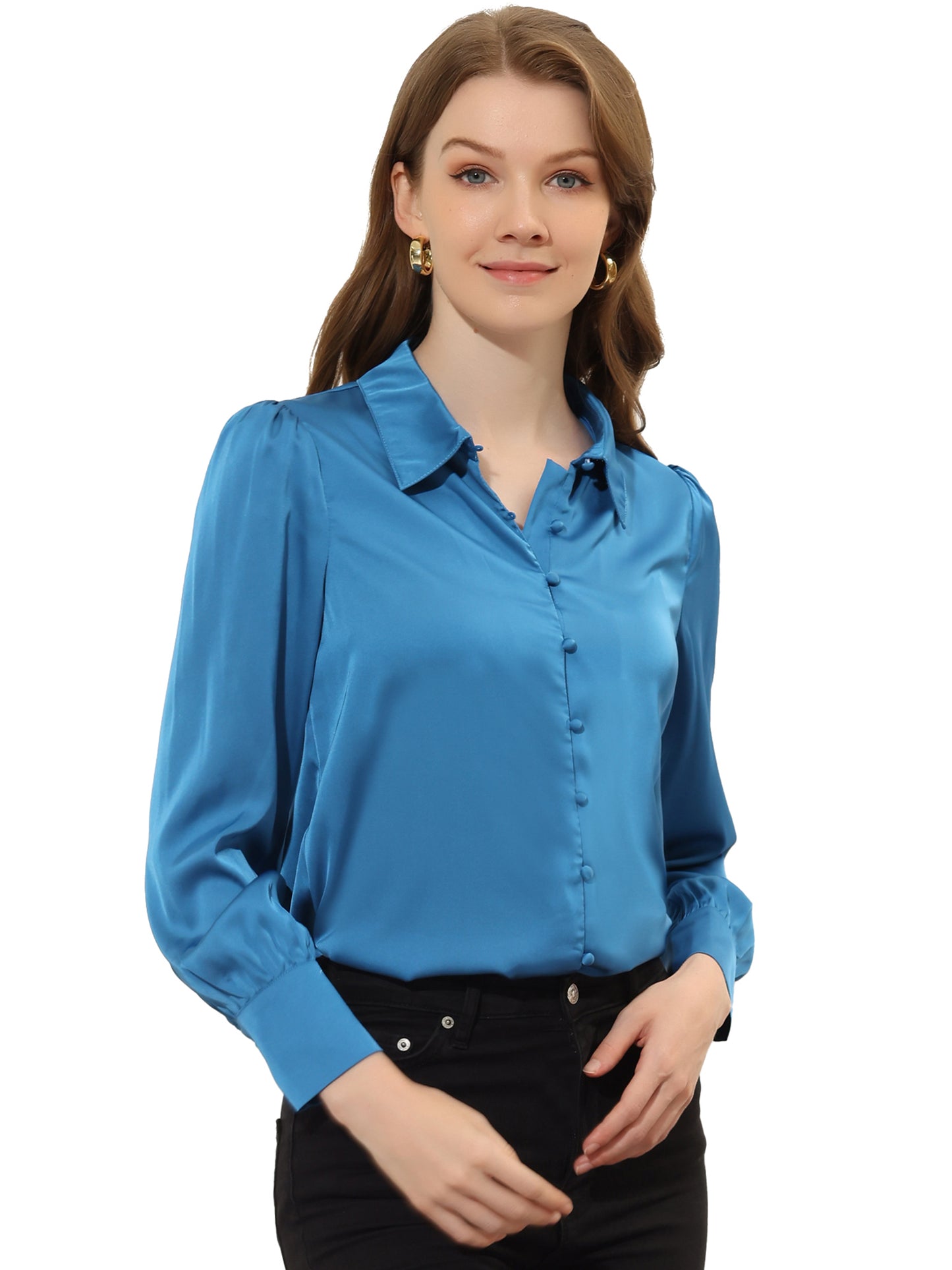 Women's Satin Puff Sleeve Collared Work Office Dressy Button Up Shirt, Light Colors