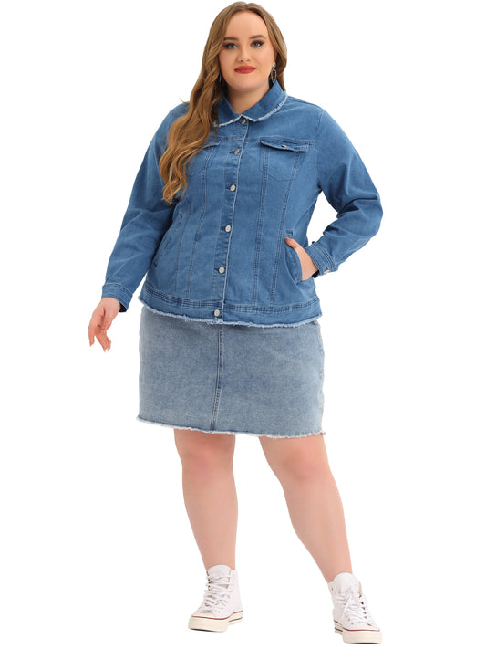 Women Plus Size Denim Jackets Frayed Hem Classic Washed Jean Jacket