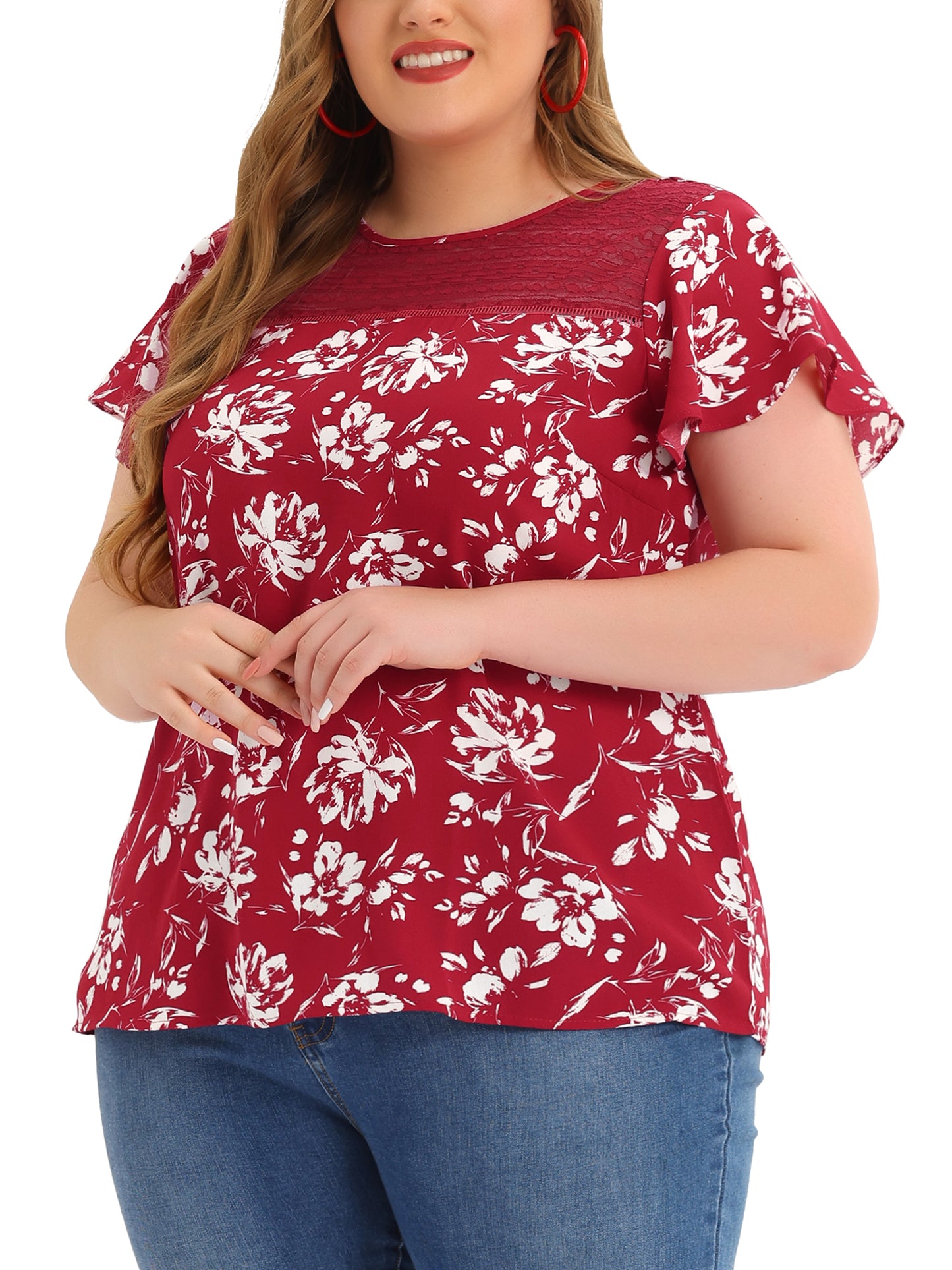 Women Plus Size Flared Sleeve Floral Summer Lace Panel Tunic Blouse