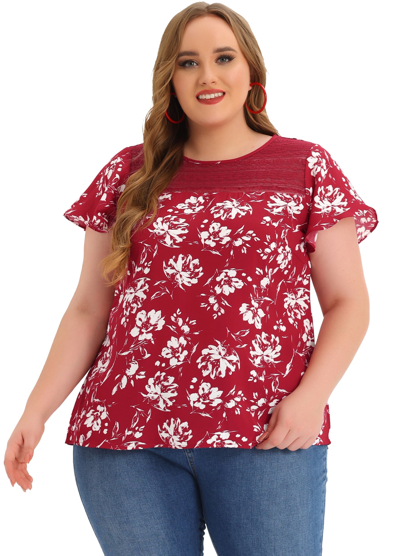 Women Plus Size Flared Sleeve Floral Summer Lace Panel Tunic Blouse