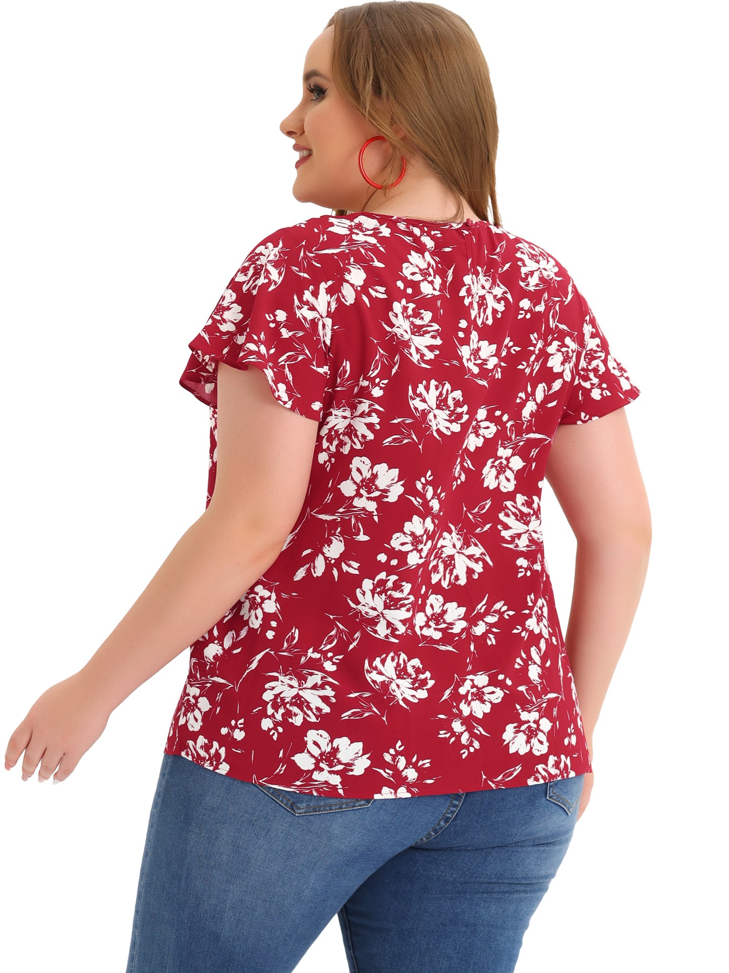 Women Plus Size Flared Sleeve Floral Summer Lace Panel Tunic Blouse