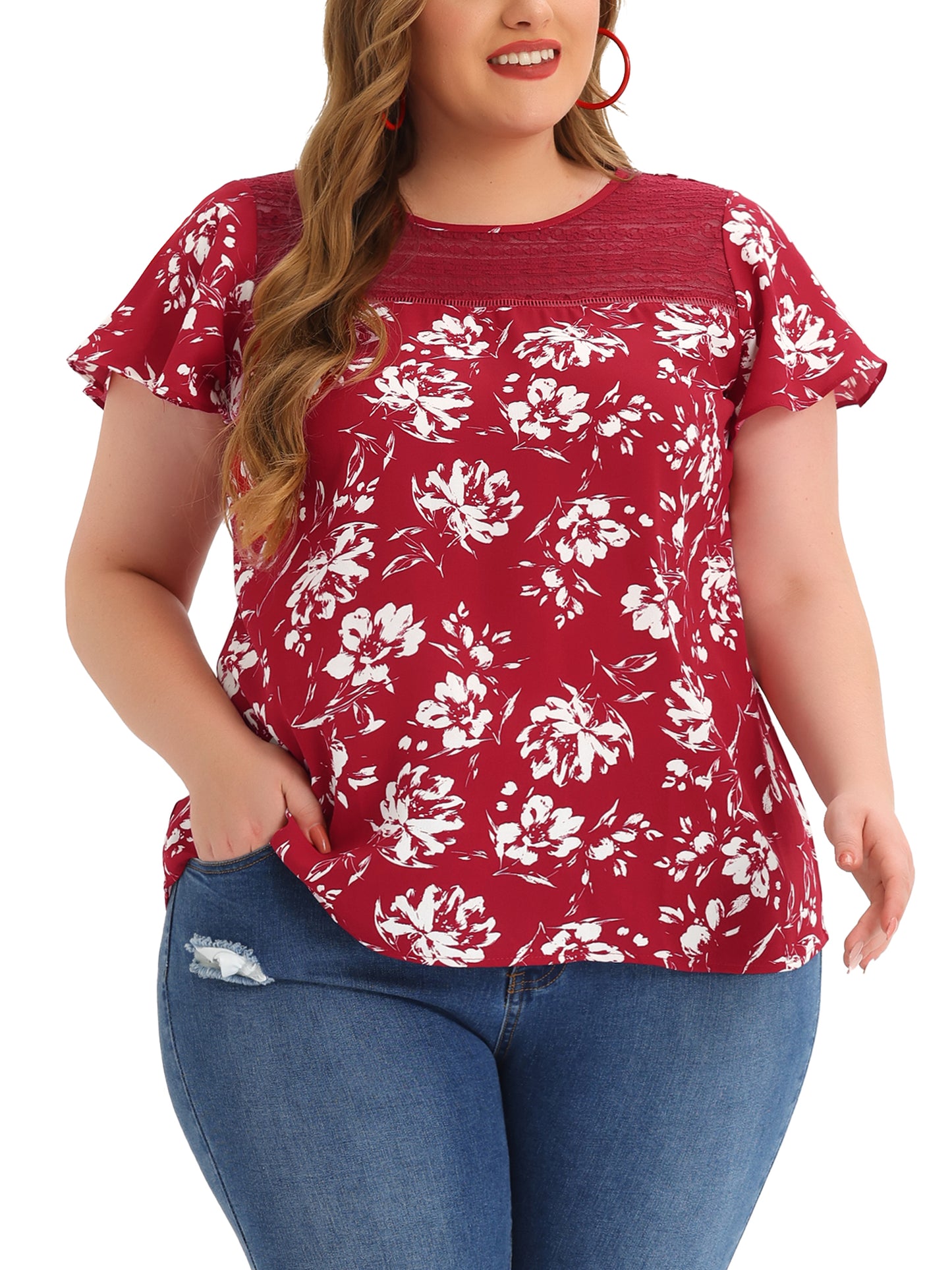 Women Plus Size Flared Sleeve Floral Summer Lace Panel Tunic Blouse