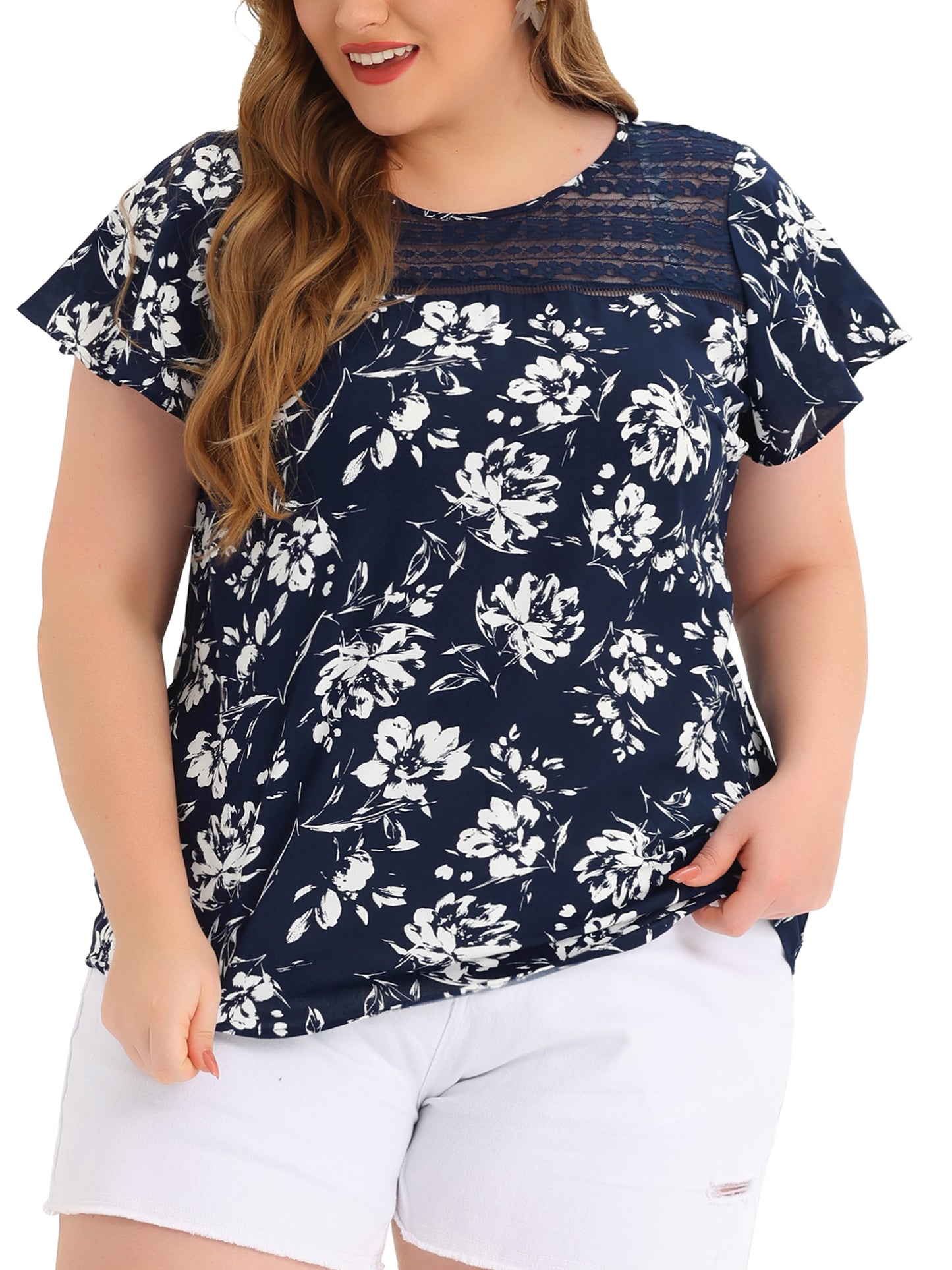 Women Plus Size Flared Sleeve Floral Summer Lace Panel Tunic Blouse