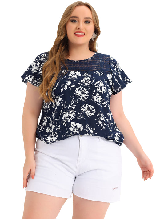 Women Plus Size Flared Sleeve Floral Summer Lace Panel Tunic Blouse