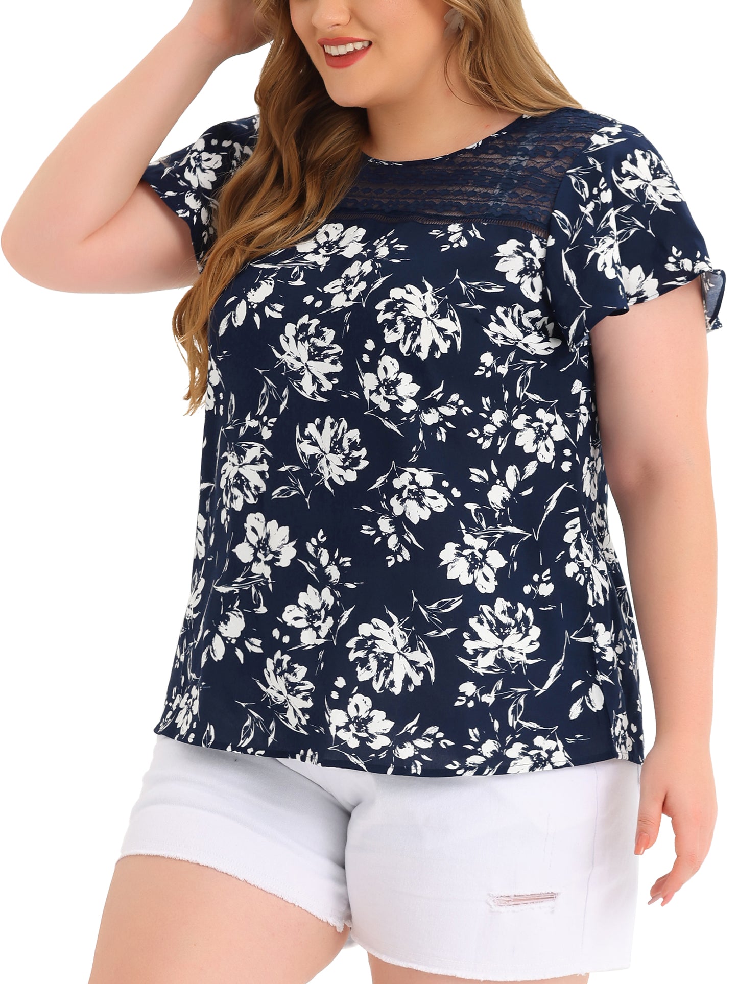 Women Plus Size Flared Sleeve Floral Summer Lace Panel Tunic Blouse