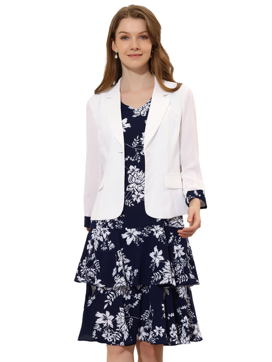 Women's Dress Suit Set Chiffon V Neck Floral Print Dress Contrast Panel Work Blazer