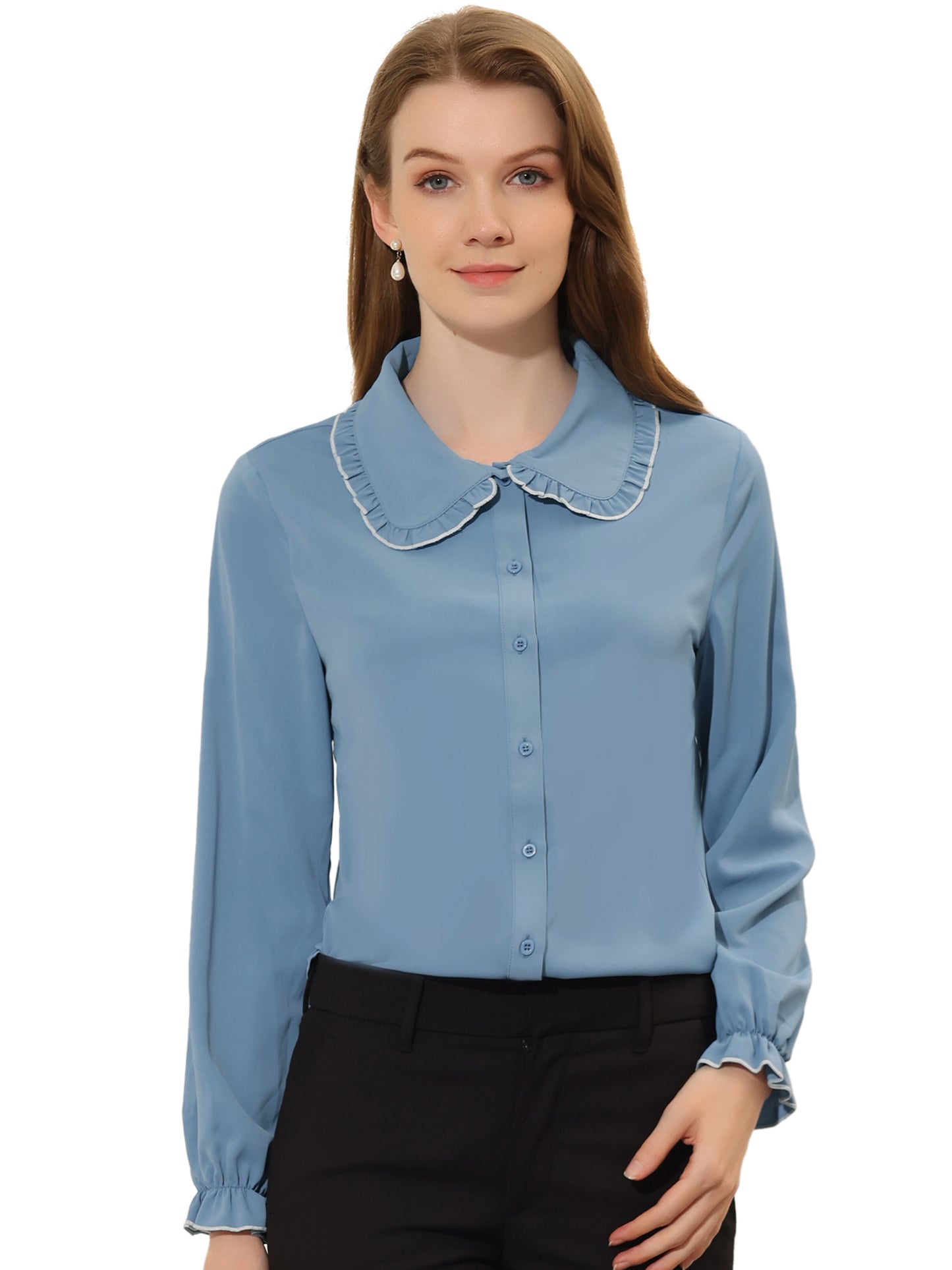 Women's Long Sleeve Sweet Ruffle Peter Pan Collar Button Down Shirt (Available in Plus Size)