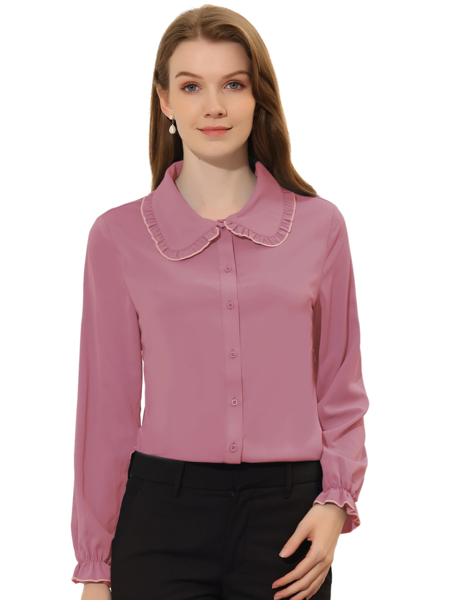 Women's Long Sleeve Sweet Ruffle Peter Pan Collar Button Down Shirt (Available in Plus Size)