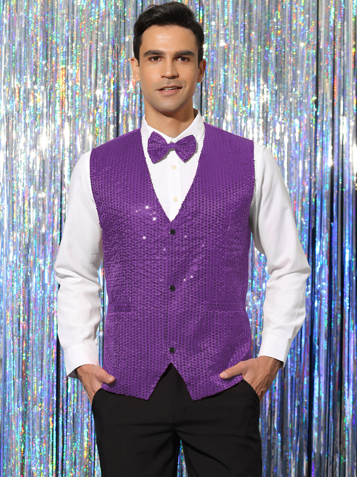 [PACK SALES] Men's 2 Pieces Sparkly Sequin Sleeveless Dress Suit Vest with Bow Tie