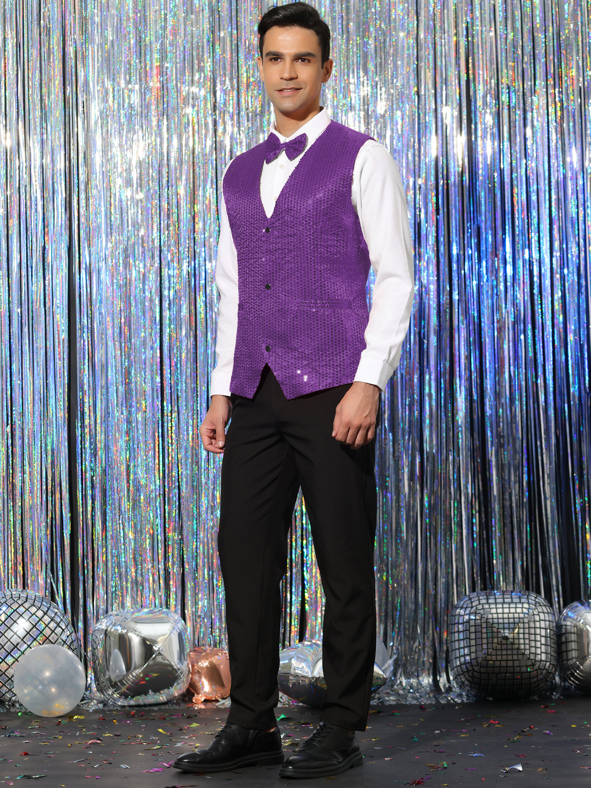 [PACK SALES] Men's 2 Pieces Sparkly Sequin Sleeveless Dress Suit Vest with Bow Tie