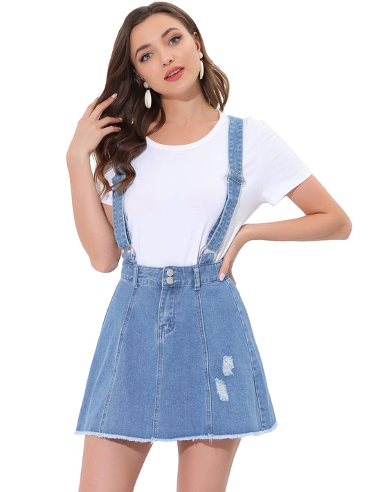 Women's Denim Skirt Overall Adjustable Strap Braces Mini Suspender Washed Jean Skirt