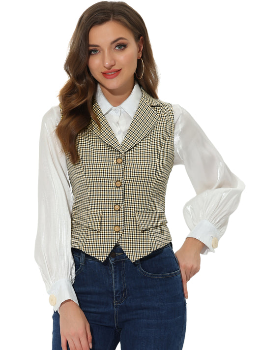 Women's Plaid Waistcoat Notched Lapel Collar Single Breasted Vintage Vest (Available in Plus Size)