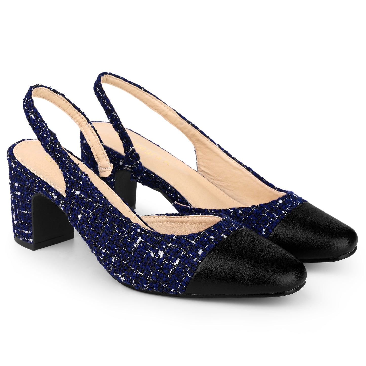 Zapatos de tacón grueso a cuadros con puntera abierta para mujer