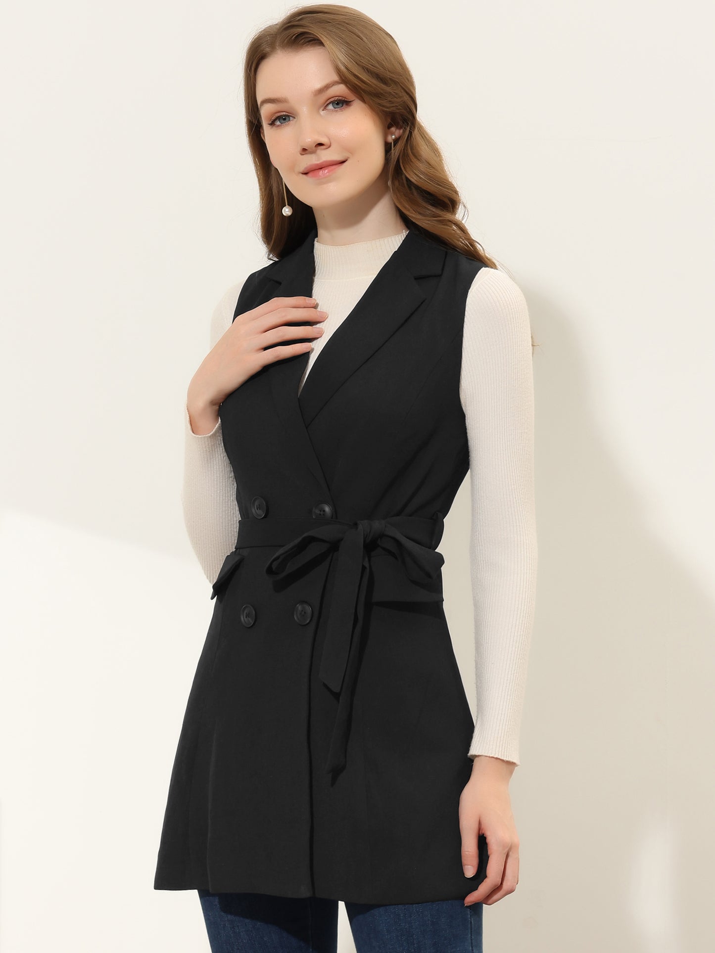 Women's Sleeveless Blazer Work Double Breasted Lightweight Belted Long Trench Vest