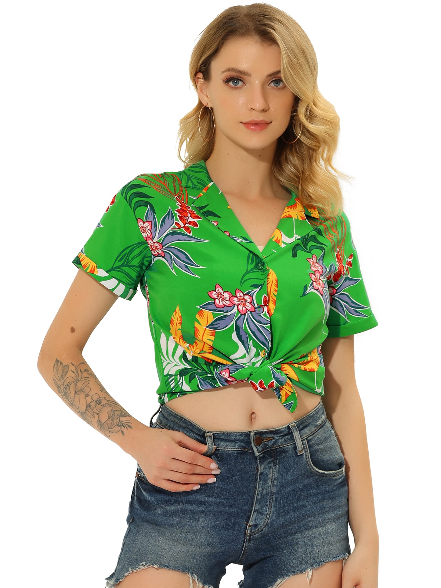 Women's Hawaiian Summer Floral Leaves Printed Short Sleeve Top Tropical Button Down Shirt (Available in Plus Size)
