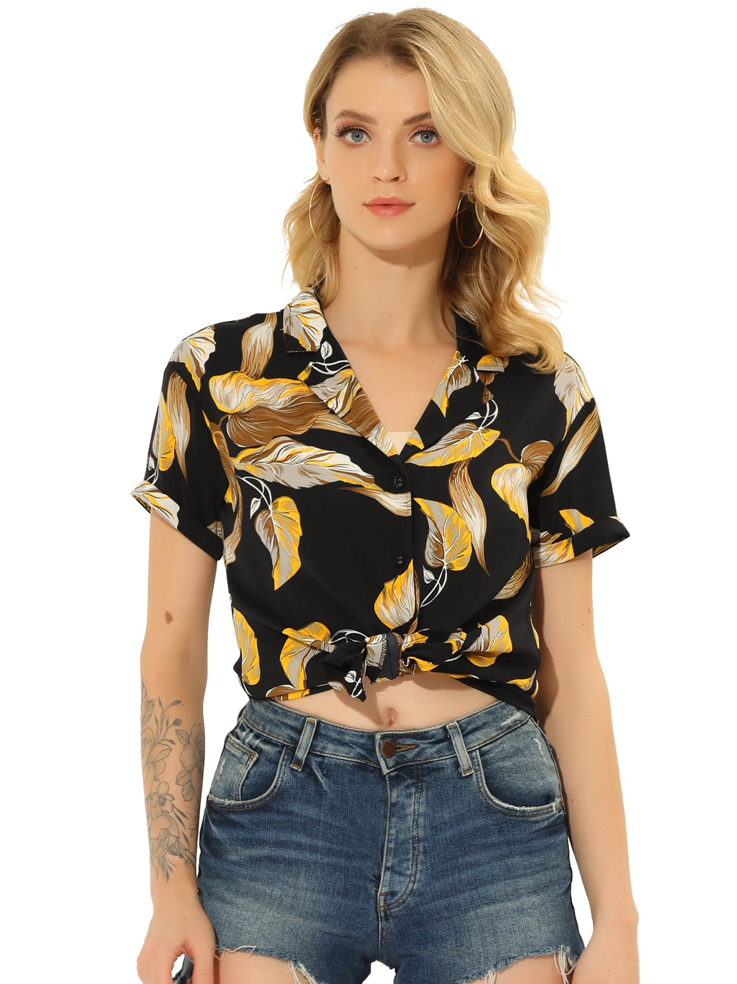 Women's Hawaiian Summer Floral Leaves Printed Short Sleeve Top Tropical Button Down Shirt (Available in Plus Size)