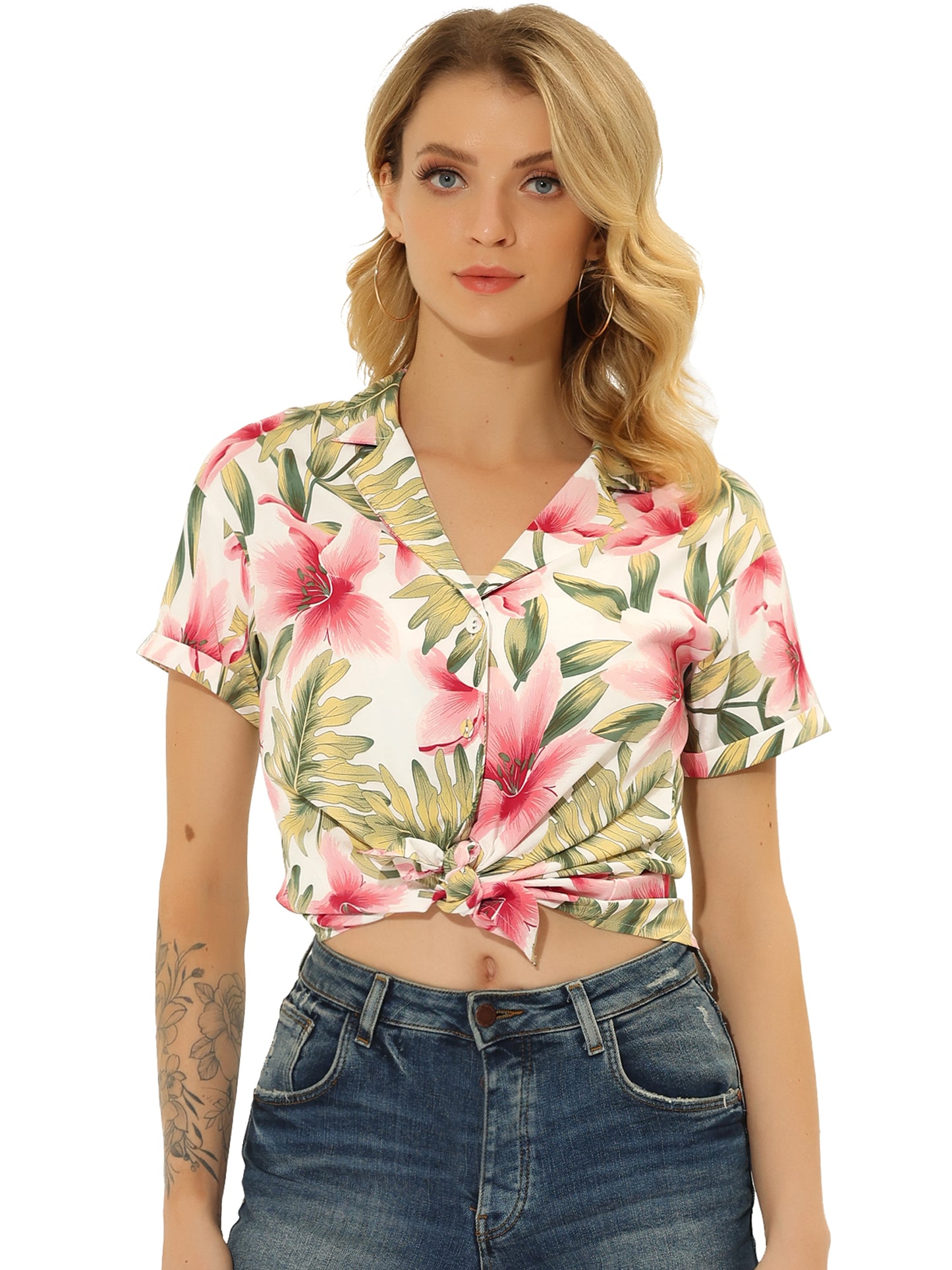 Women's Hawaiian Summer Floral Leaves Printed Short Sleeve Top Tropical Button Down Shirt (Available in Plus Size)