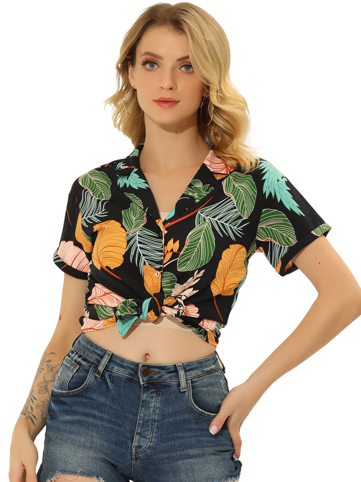 Women's Hawaiian Summer Floral Leaves Printed Short Sleeve Top Tropical Button Down Shirt (Available in Plus Size)