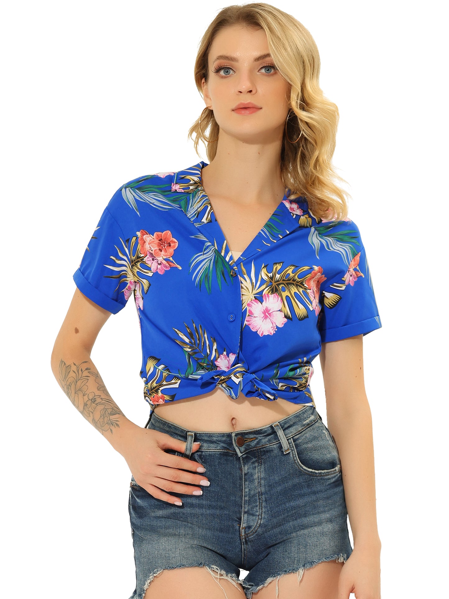 Women's Hawaiian Summer Floral Leaves Printed Short Sleeve Top Tropical Button Down Shirt (Available in Plus Size)