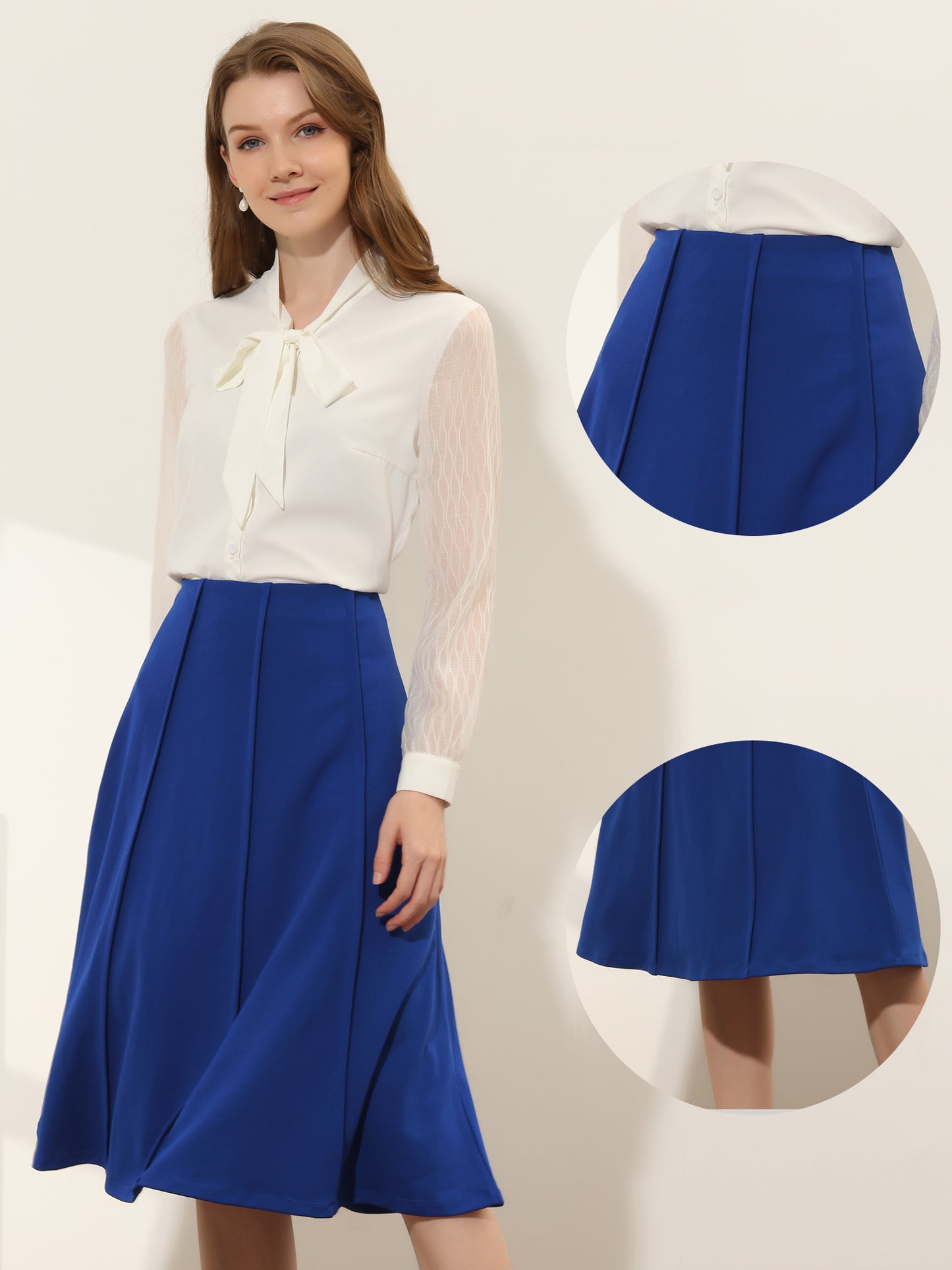 Women's Retro High Waisted Skirts Solid Color Below Knee Pleated Flared Skirt
