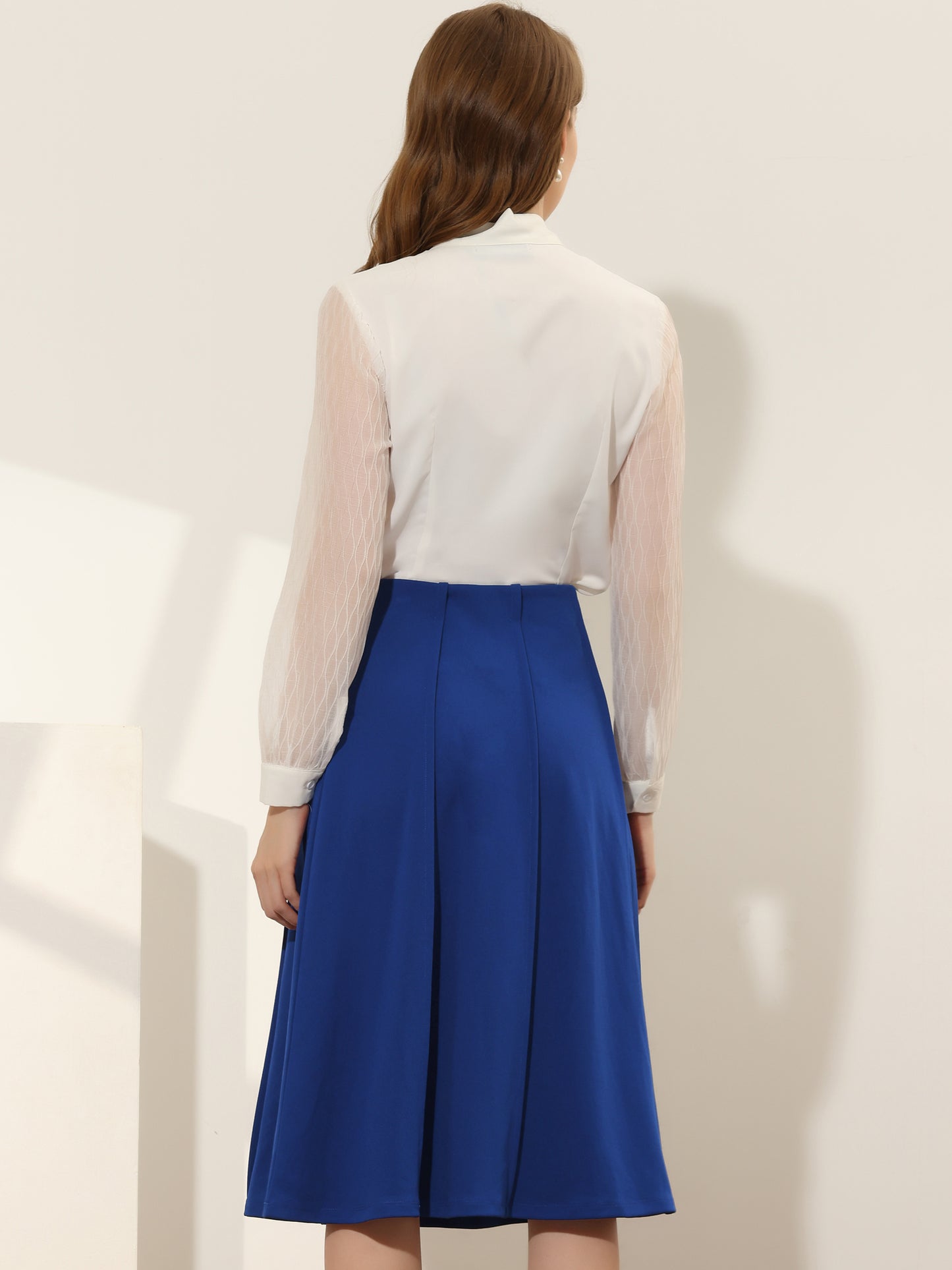 Women's Retro High Waisted Skirts Solid Color Below Knee Pleated Flared Skirt