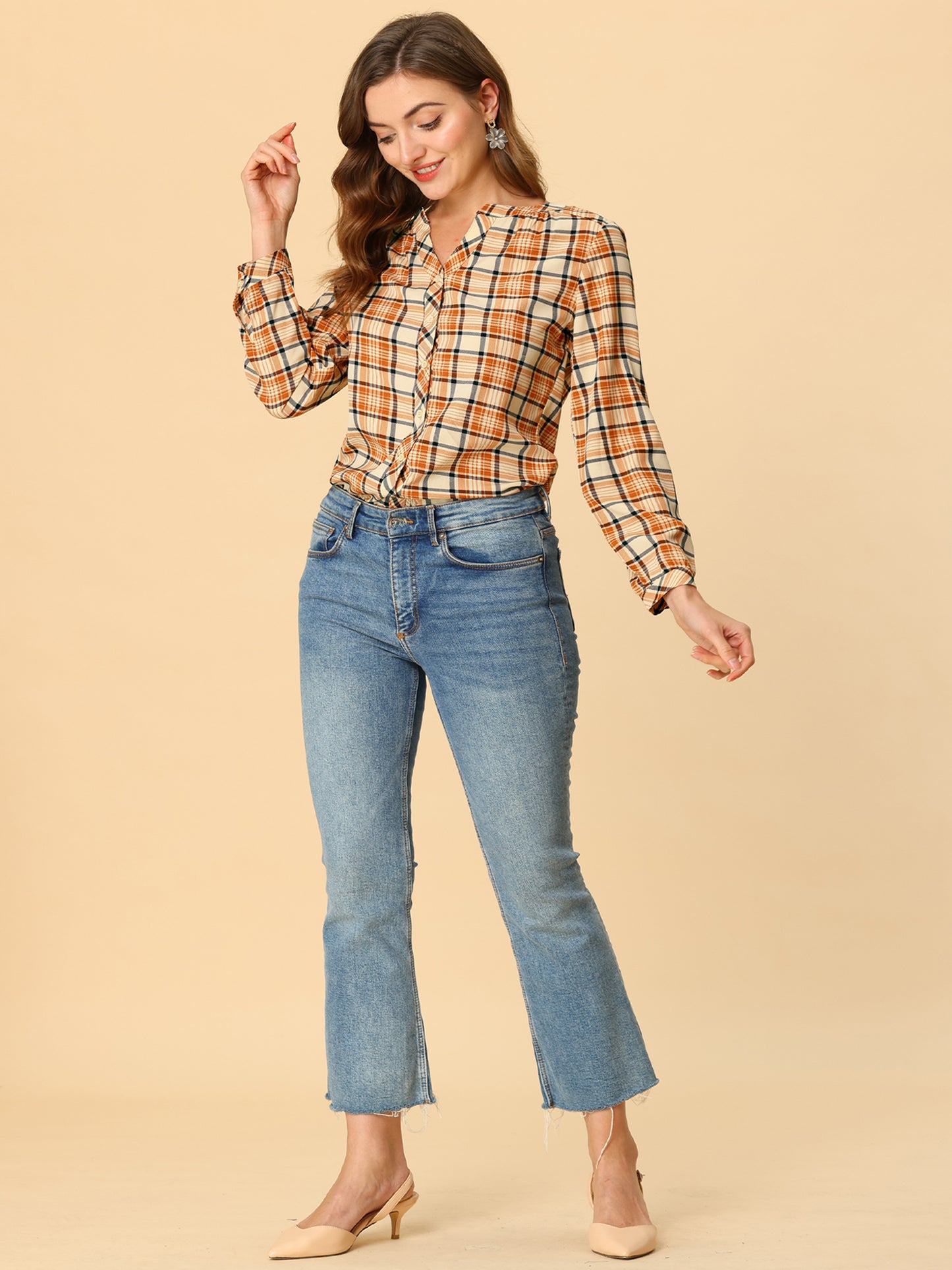 Women's Plaid Shirt Button Up V Neck Long Sleeve Top