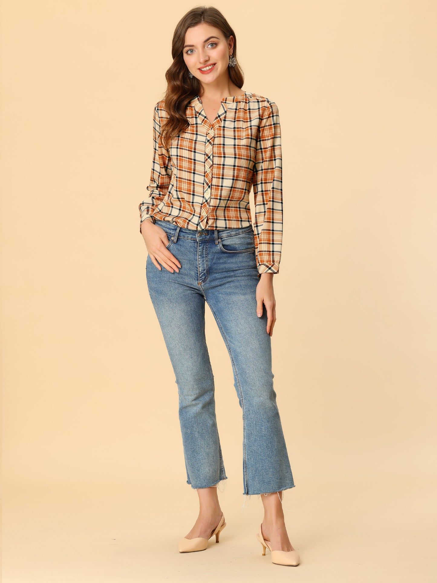 Women's Plaid Shirt Button Up V Neck Long Sleeve Top