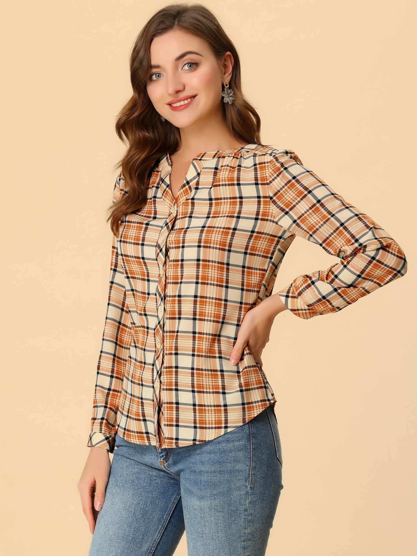 Women's Plaid Shirt Button Up V Neck Long Sleeve Top