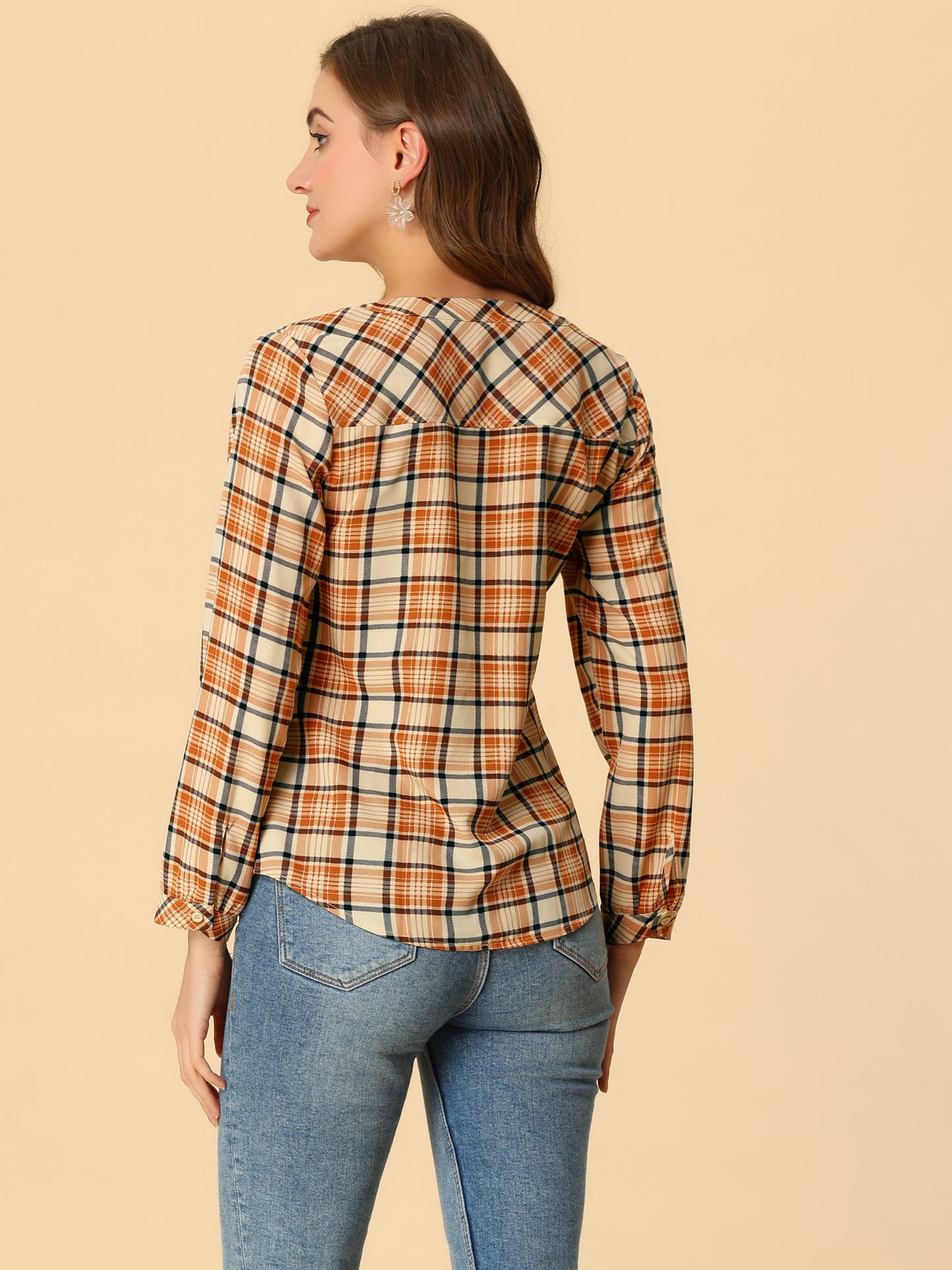 Women's Plaid Shirt Button Up V Neck Long Sleeve Top