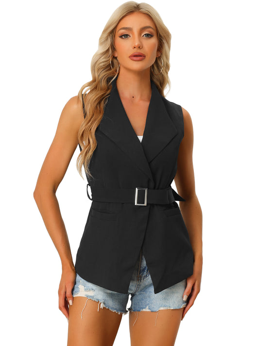 Women's Sleeveless Blazer Casual Shawl Collar Belted Work Office Suit Vest Jacket