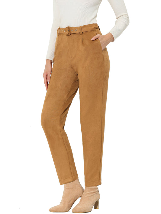 Women's Faux Suede Pants Casual High Waist Belted Straight Legs Trousers