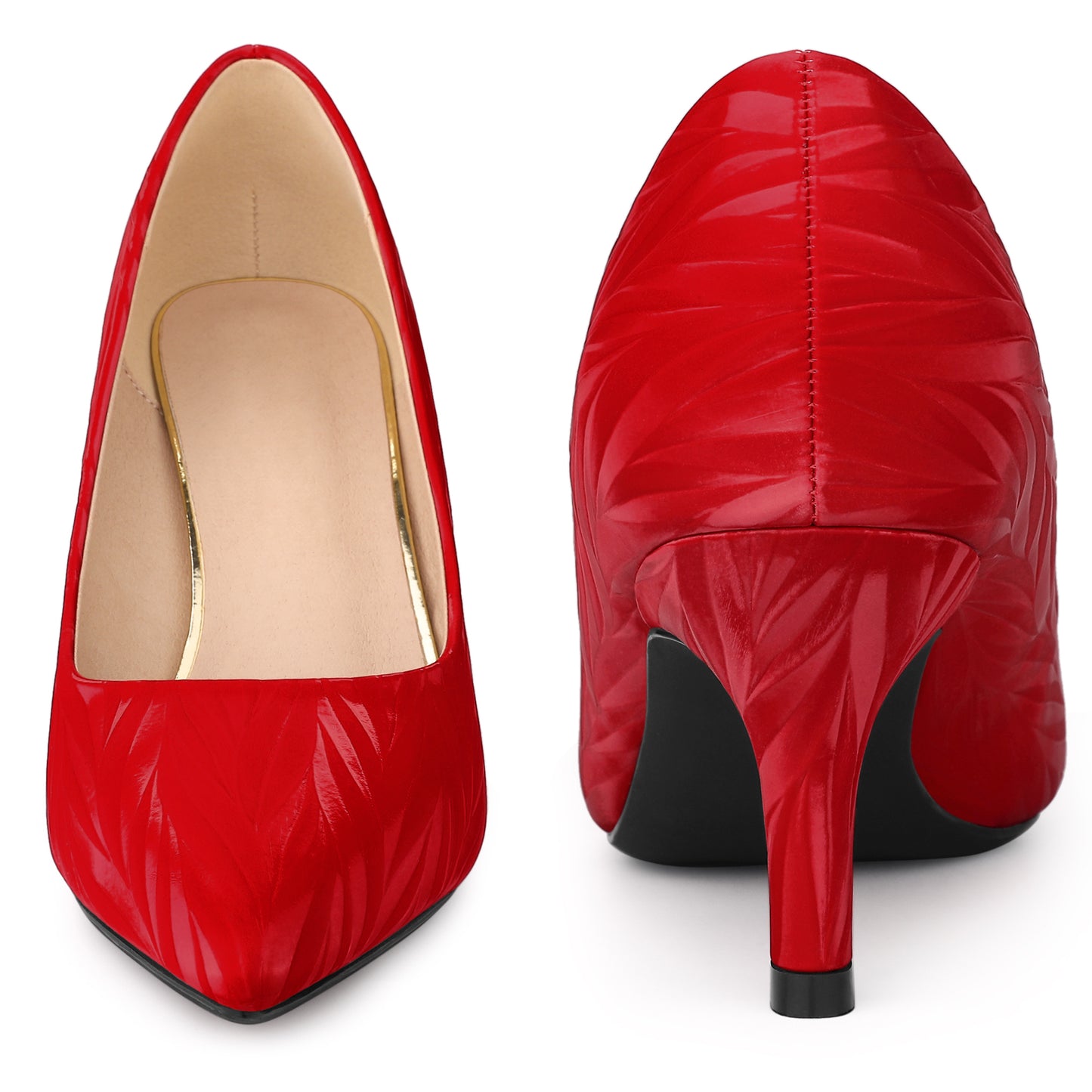 Zapatos de tacón alto con punta puntiaguda para mujer, color rojo, con estampado de hojas, para boda y vestido clásico.