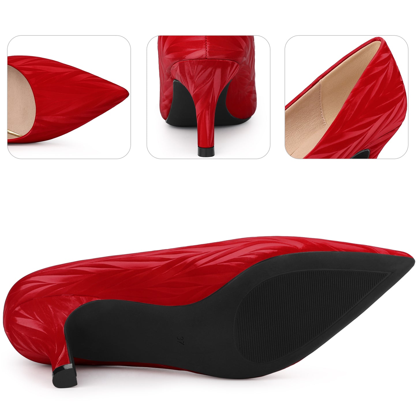 Zapatos de tacón alto con punta puntiaguda para mujer, color rojo, con estampado de hojas, para boda y vestido clásico.