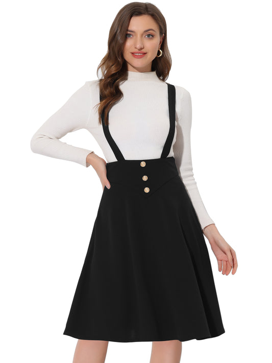 Women's Retro Midi Suspender Skirt Button Decor High Waist Flared Overall Dress