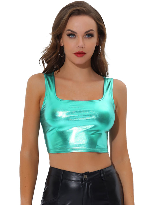 Women's U Neck Sleeveless Party Clubwear Holographic Shiny Metallic Cami Crop Top
