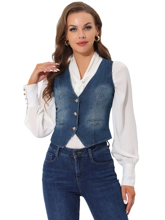Women's Sleeveless V Neck Button Down Denim Waistcoat Vest (Available in Plus Size)